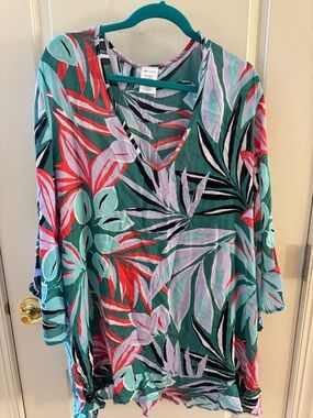 Anne Cole XL/XXL Lightweight Tropical Print V-Neck Kaftan in Green & Coral NWOT